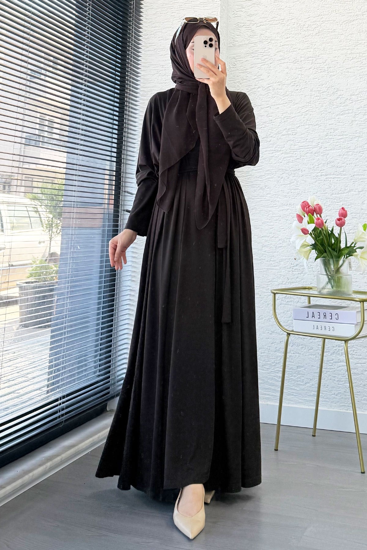 Premium Double Face Yarasa Kol İkili Abaya Takım - Kahverengi