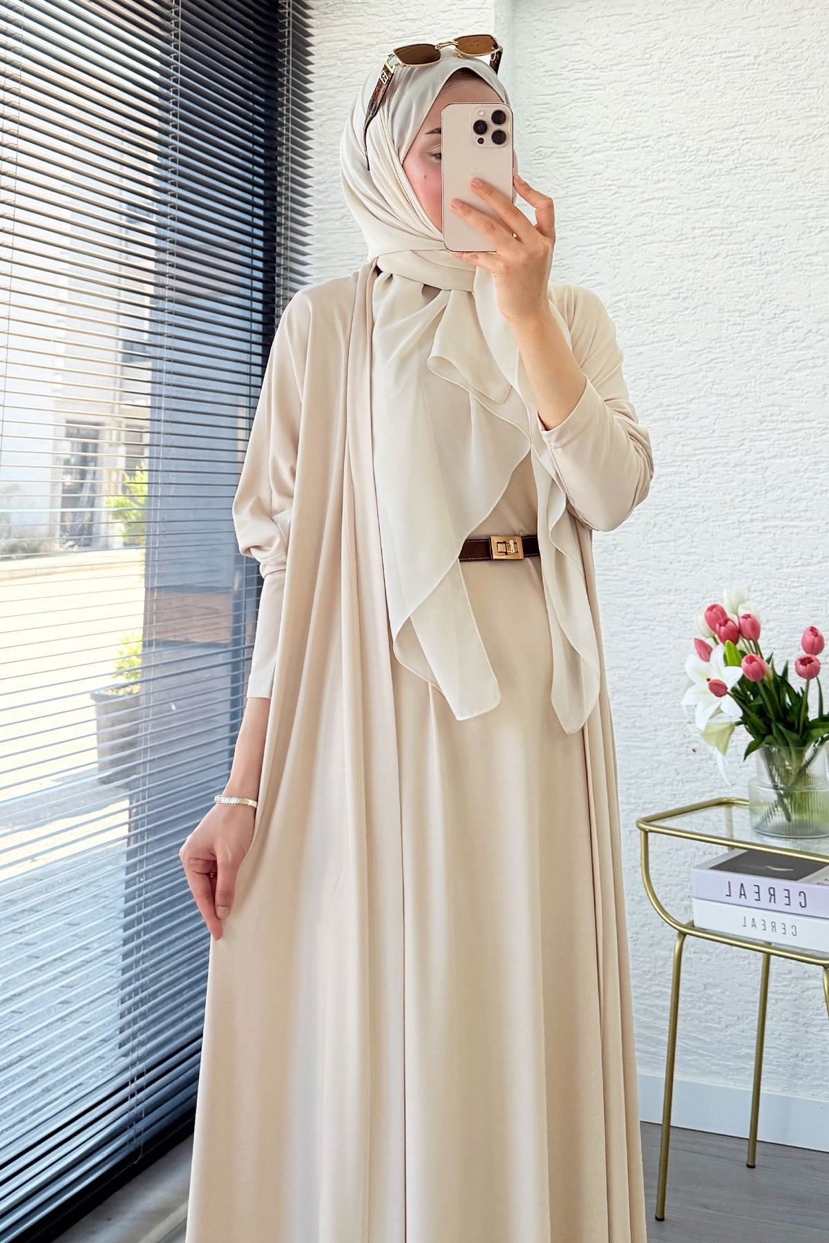 Premium Double Face Yarasa Kol İkili Abaya Takım - Krem