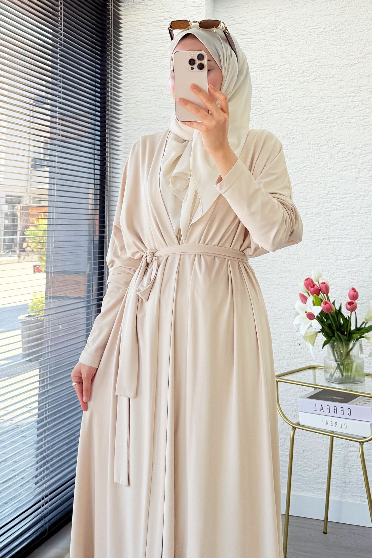 Premium Double Face Yarasa Kol İkili Abaya Takım - Krem