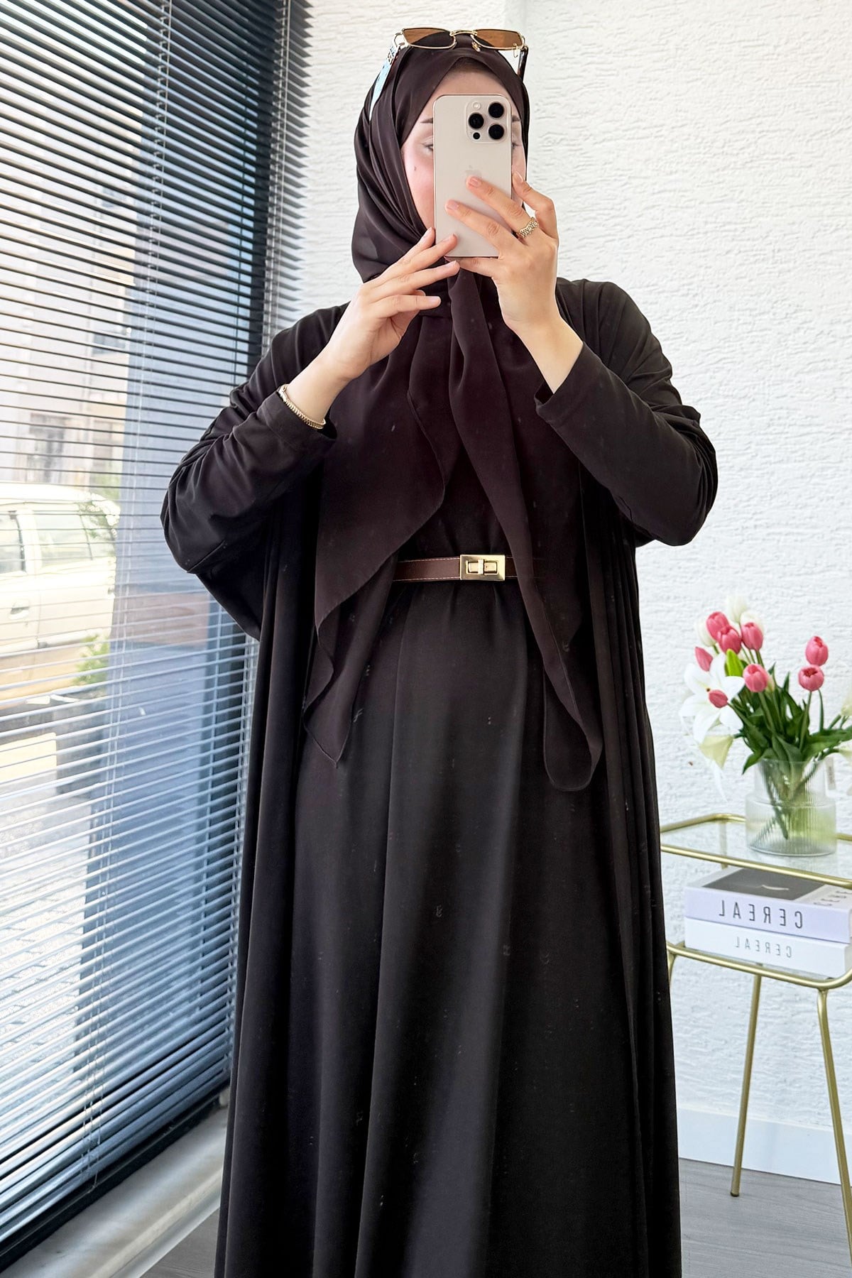 Premium Double Face Yarasa Kol İkili Abaya Takım - Kahverengi