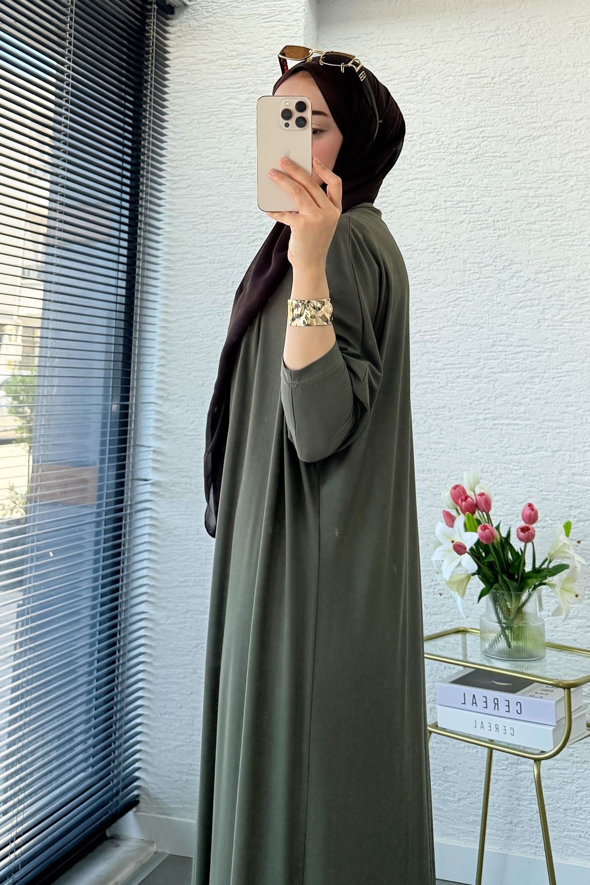 Premium Double Face Yarasa Kol İkili Abaya Takım - Haki