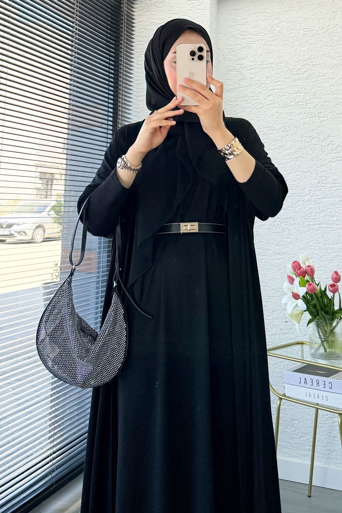 Premium Double Face Yarasa Kol İkili Abaya Takım - Siyah