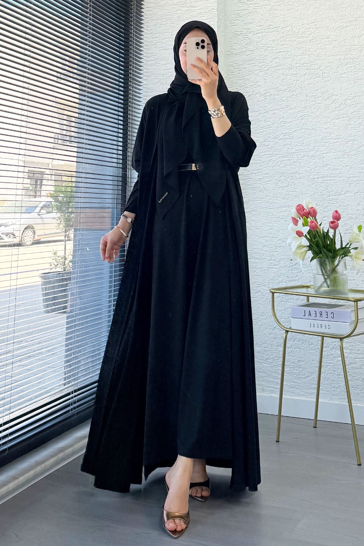 Premium Double Face Yarasa Kol İkili Abaya Takım - Siyah