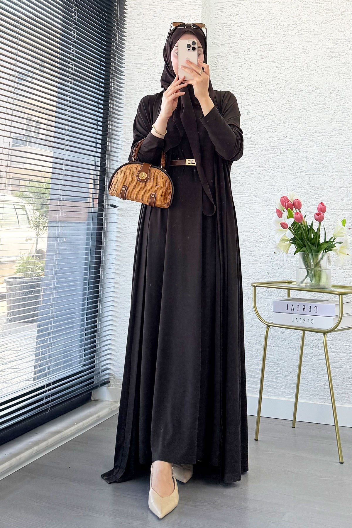 Premium Double Face Yarasa Kol İkili Abaya Takım - Kahverengi