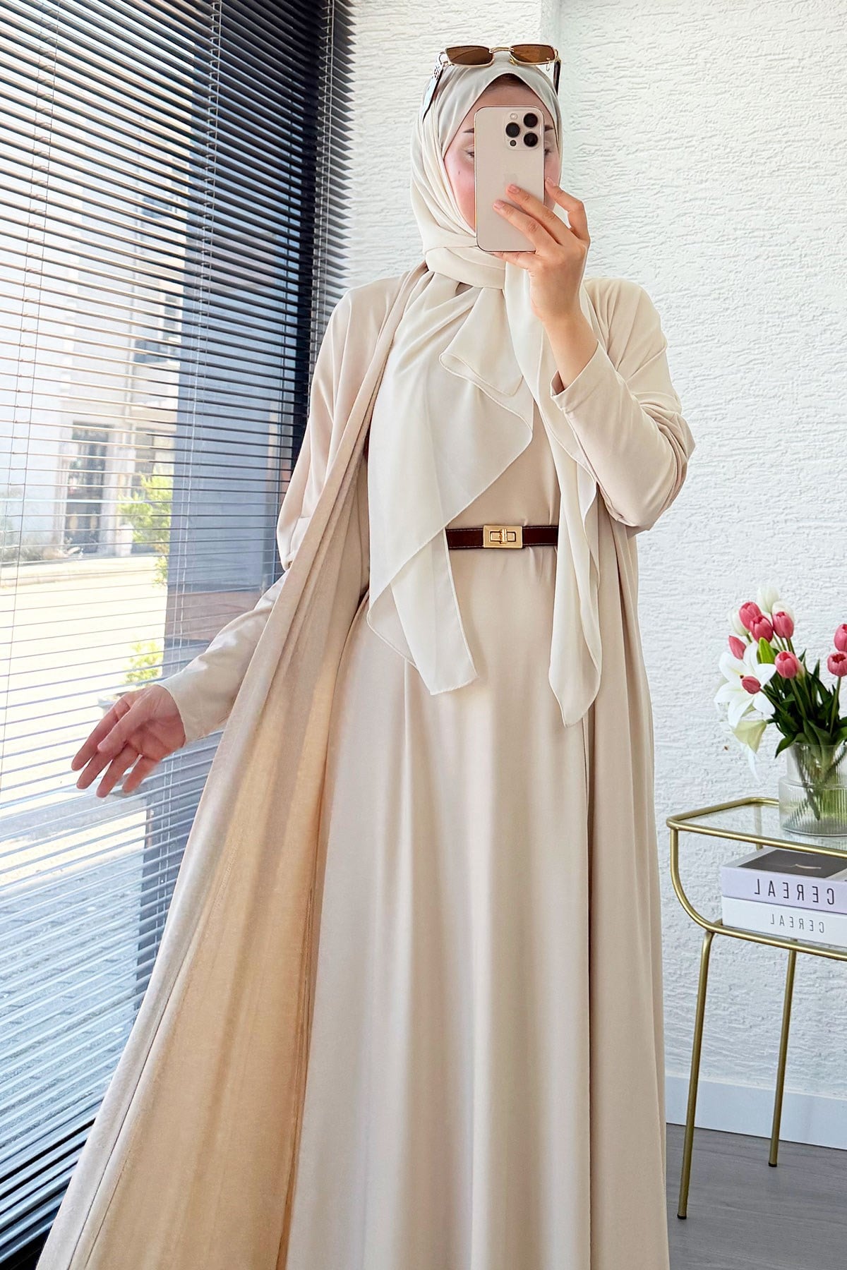 Premium Double Face Yarasa Kol İkili Abaya Takım - Krem