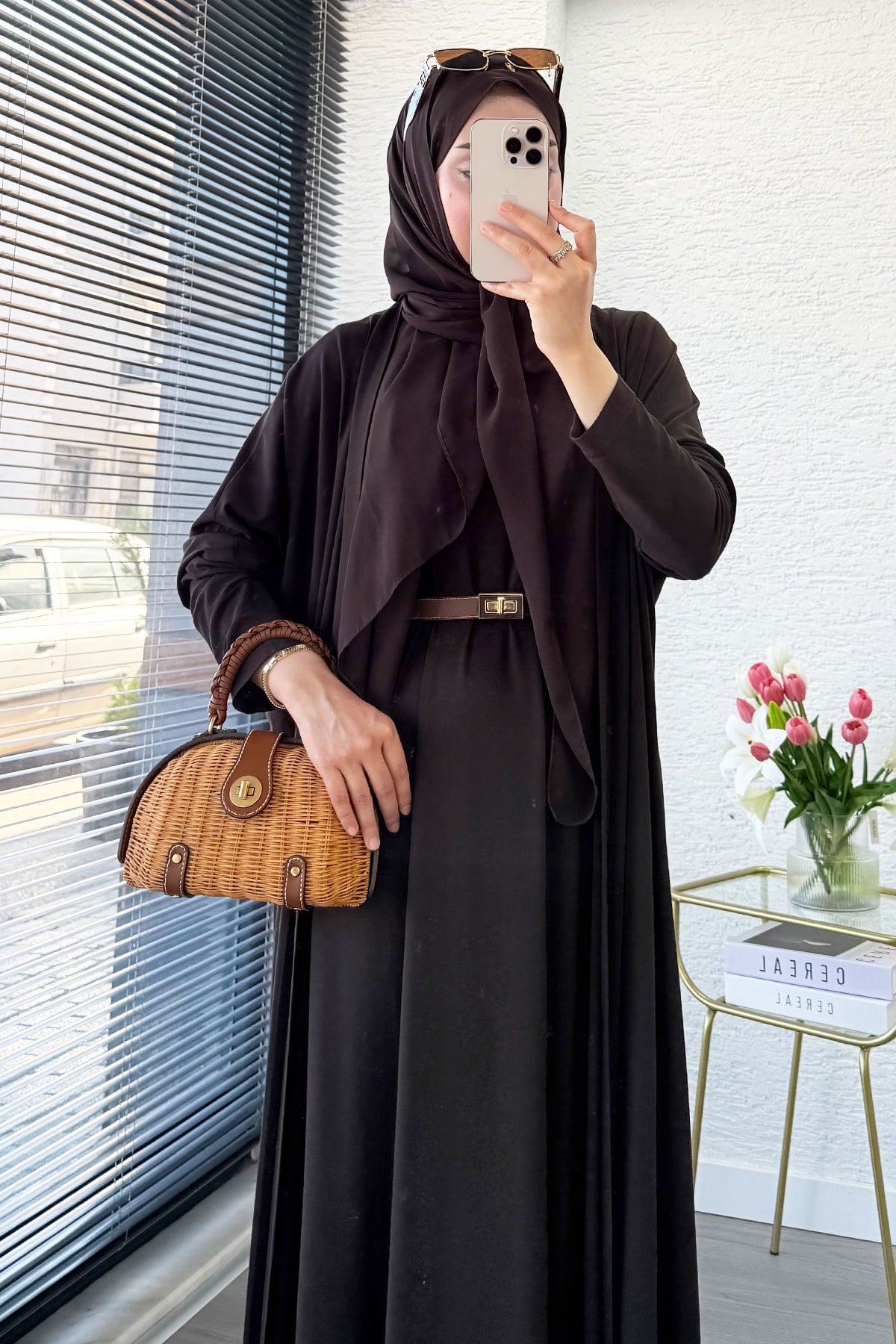 Premium Double Face Yarasa Kol İkili Abaya Takım - Kahverengi