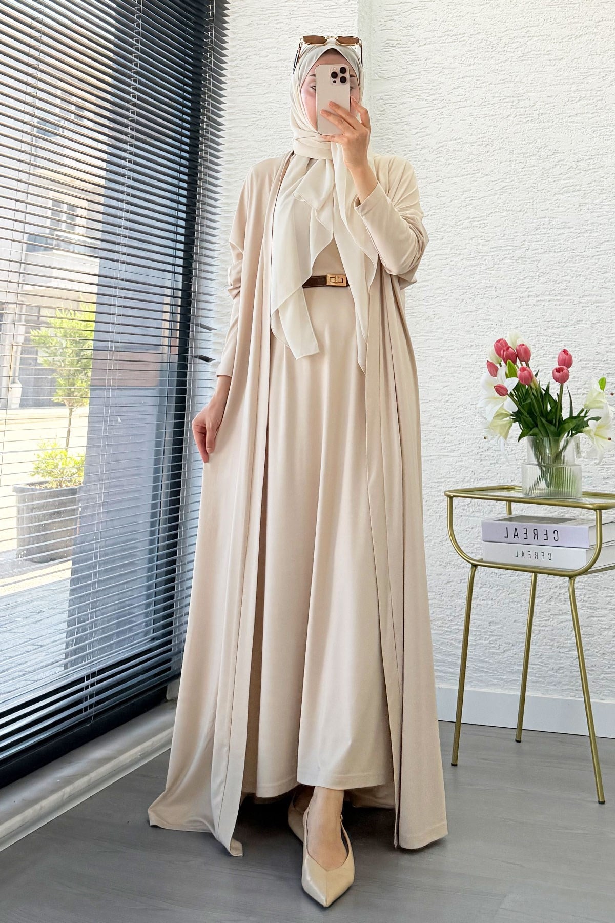 Premium Double Face Yarasa Kol İkili Abaya Takım - Krem