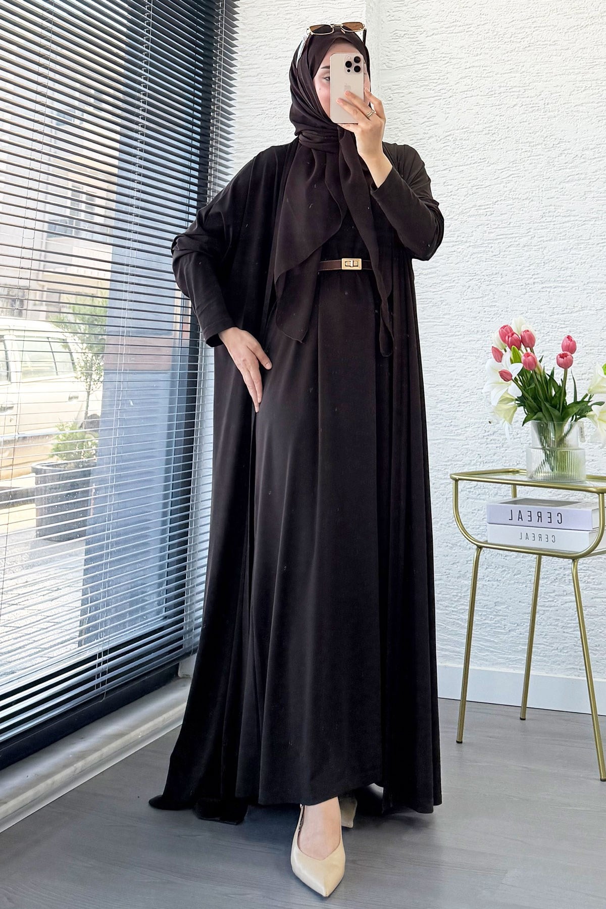 Premium Double Face Yarasa Kol İkili Abaya Takım - Kahverengi