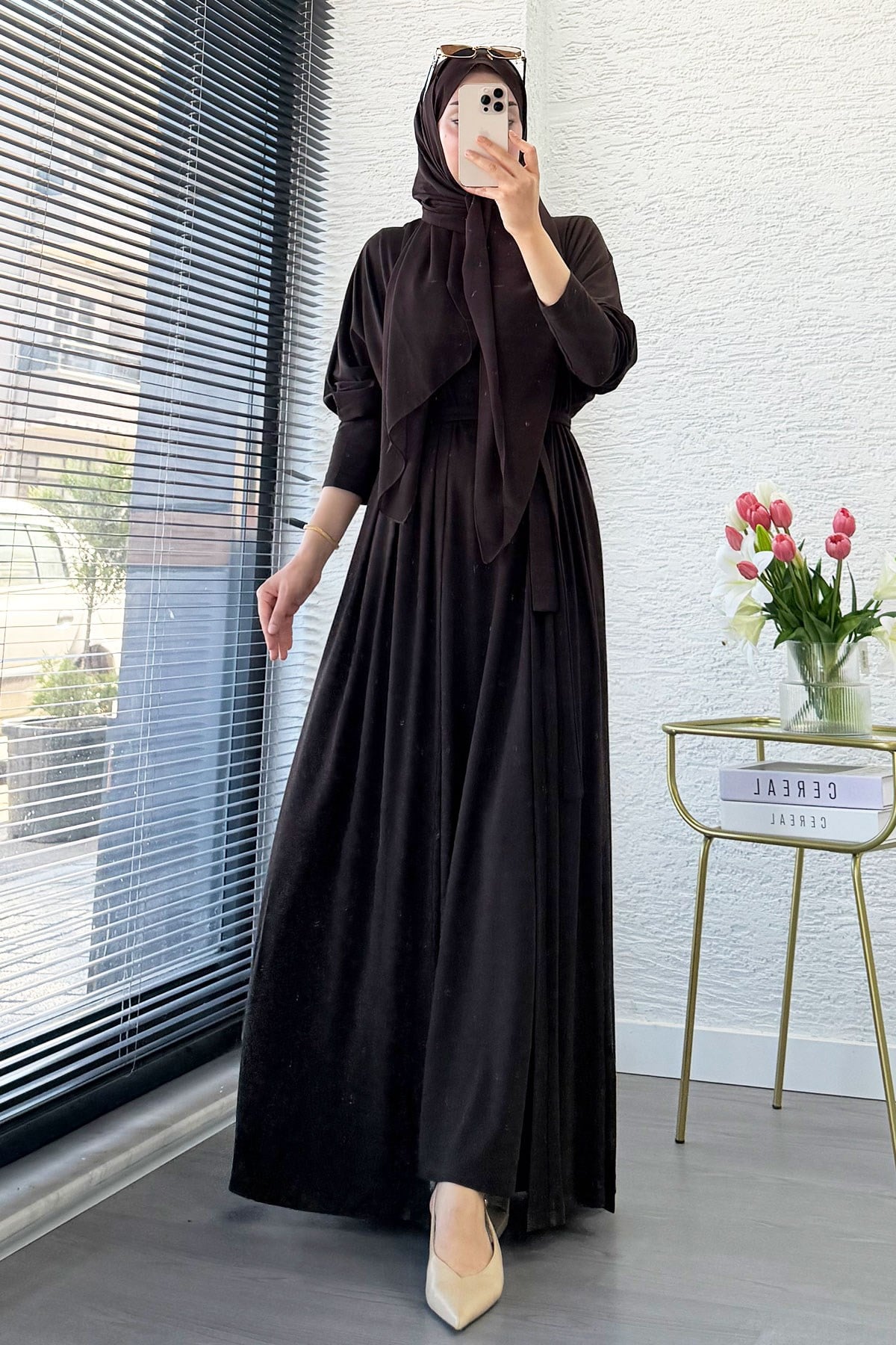 Premium Double Face Yarasa Kol İkili Abaya Takım - Kahverengi