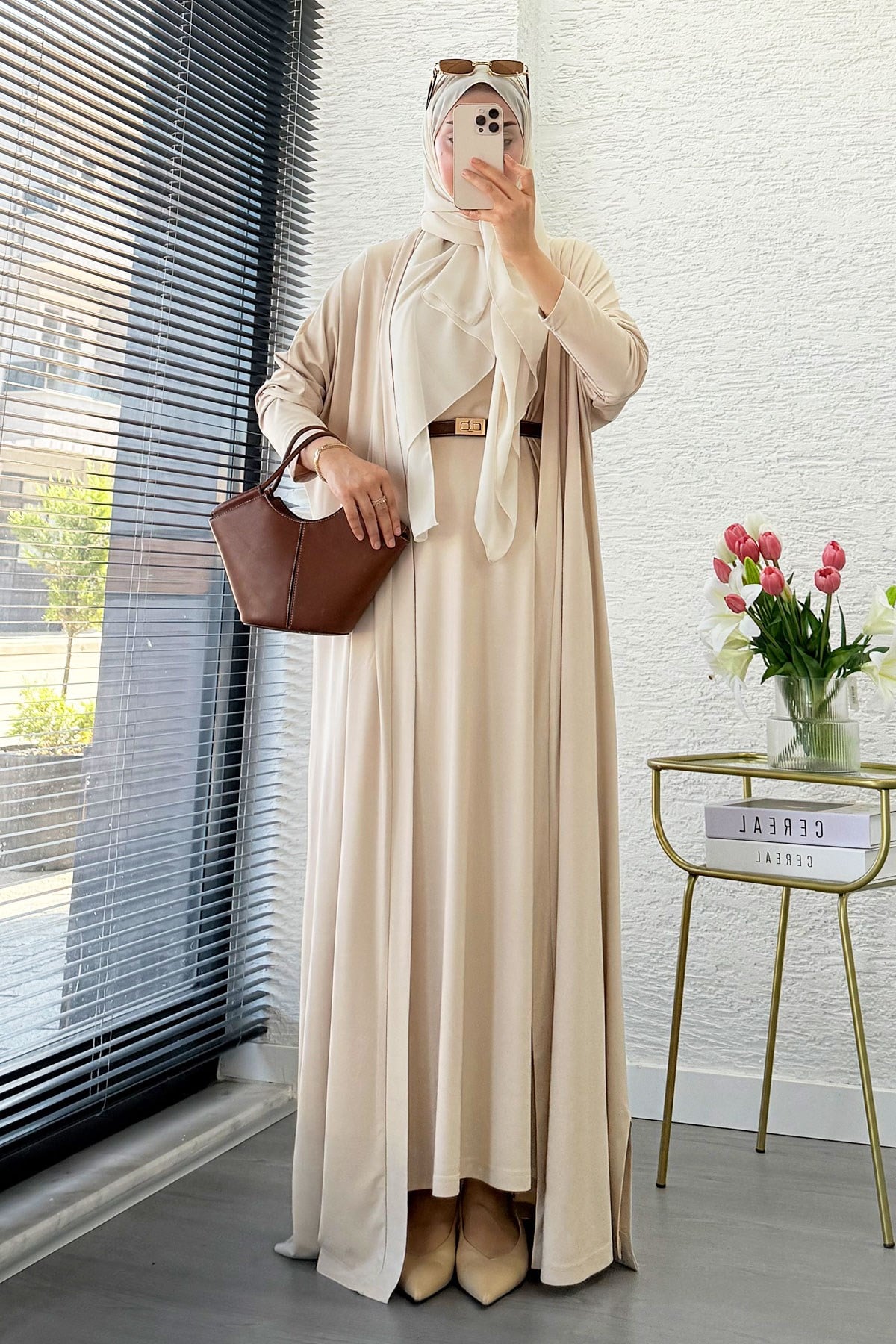 Premium Double Face Yarasa Kol İkili Abaya Takım - Krem