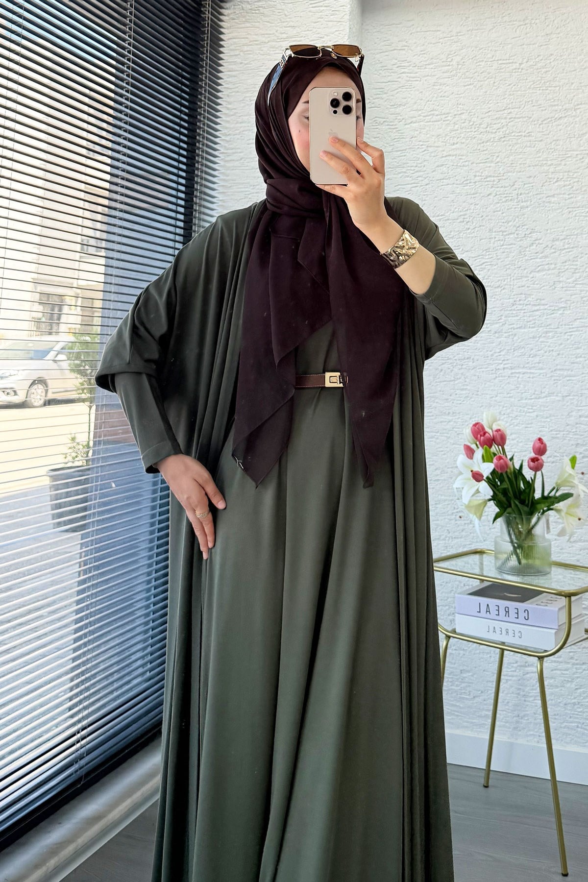 Premium Double Face Yarasa Kol İkili Abaya Takım - Haki