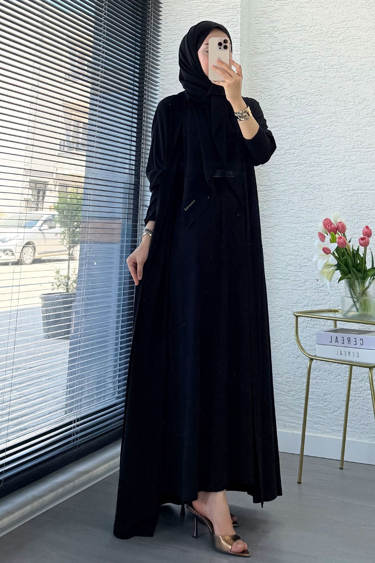 Premium Double Face Yarasa Kol İkili Abaya Takım - Siyah