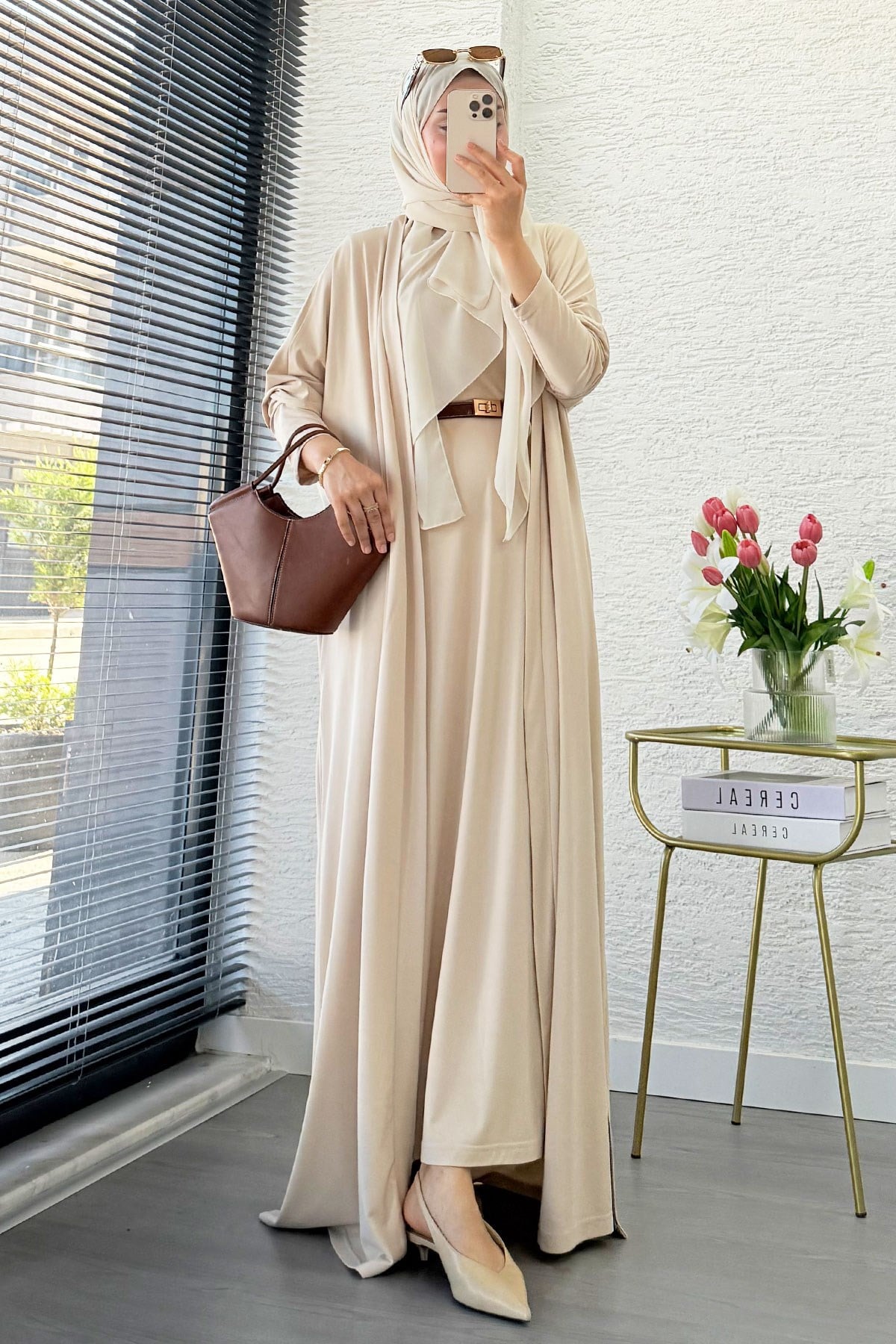 Premium Double Face Yarasa Kol İkili Abaya Takım - Krem