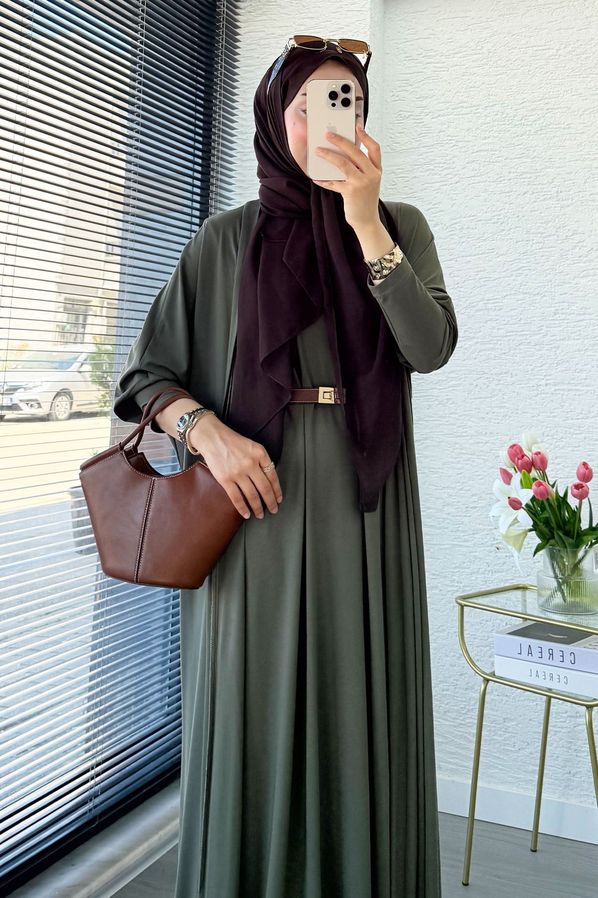 Premium Double Face Yarasa Kol İkili Abaya Takım - Haki
