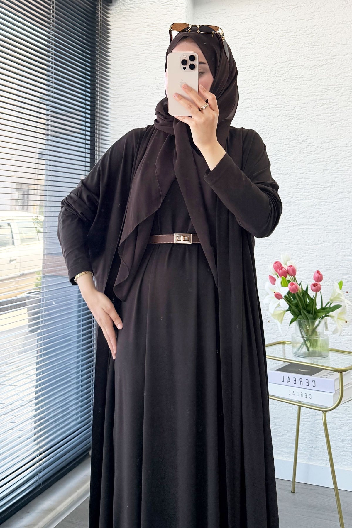 Premium Double Face Yarasa Kol İkili Abaya Takım - Kahverengi
