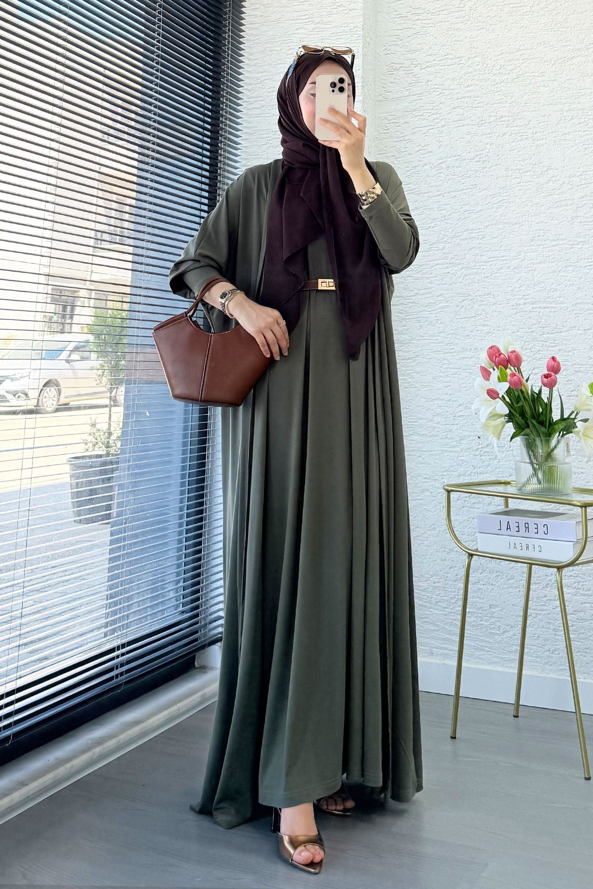 Premium Double Face Yarasa Kol İkili Abaya Takım - Haki