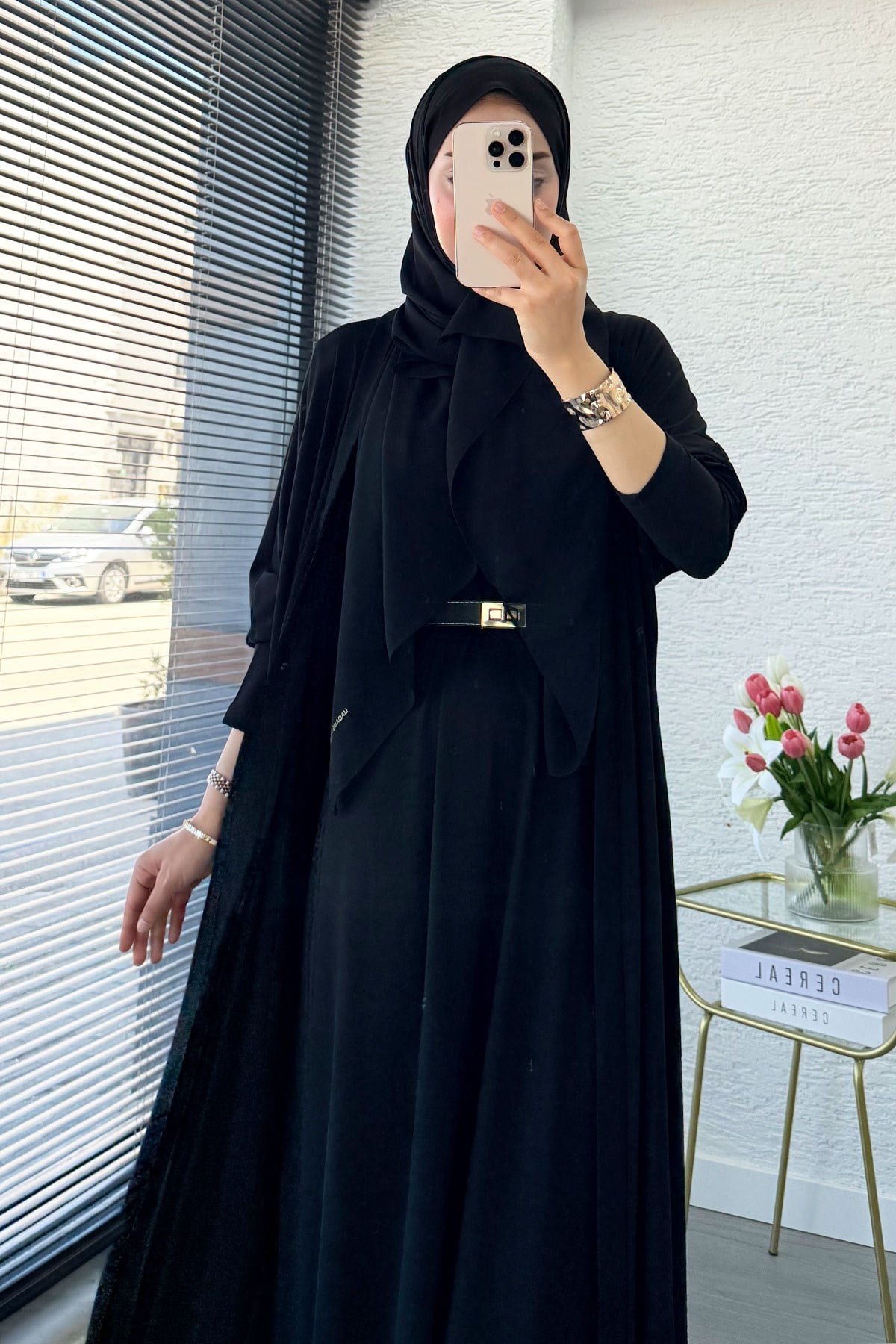 Premium Double Face Yarasa Kol İkili Abaya Takım - Siyah