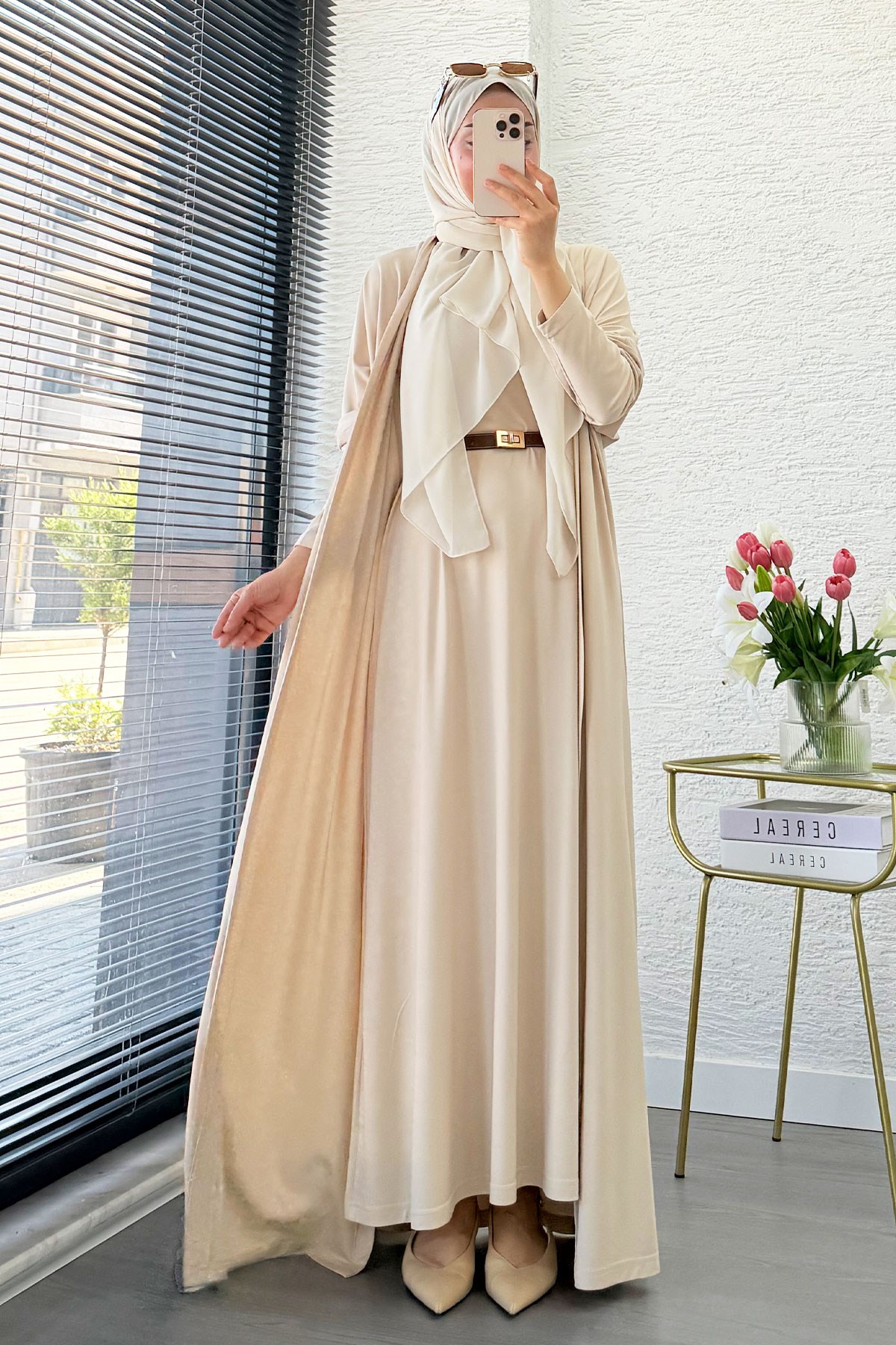 Premium Double Face Yarasa Kol İkili Abaya Takım - Krem