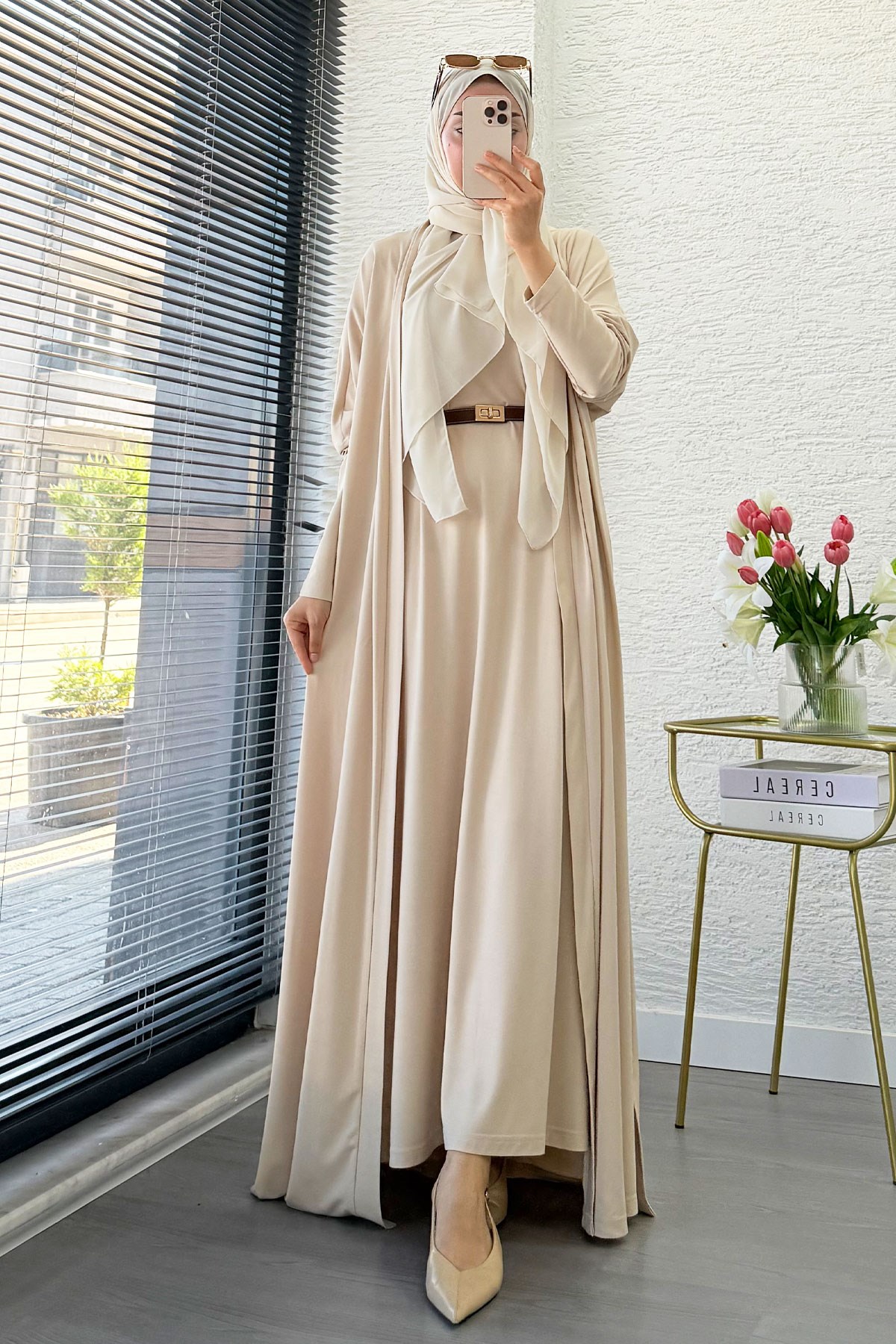 Premium Double Face Yarasa Kol İkili Abaya Takım - Krem