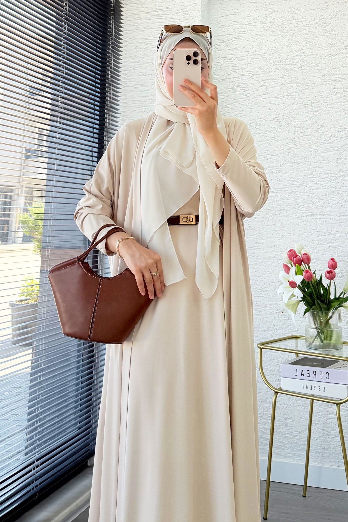 Premium Double Face Yarasa Kol İkili Abaya Takım - Krem