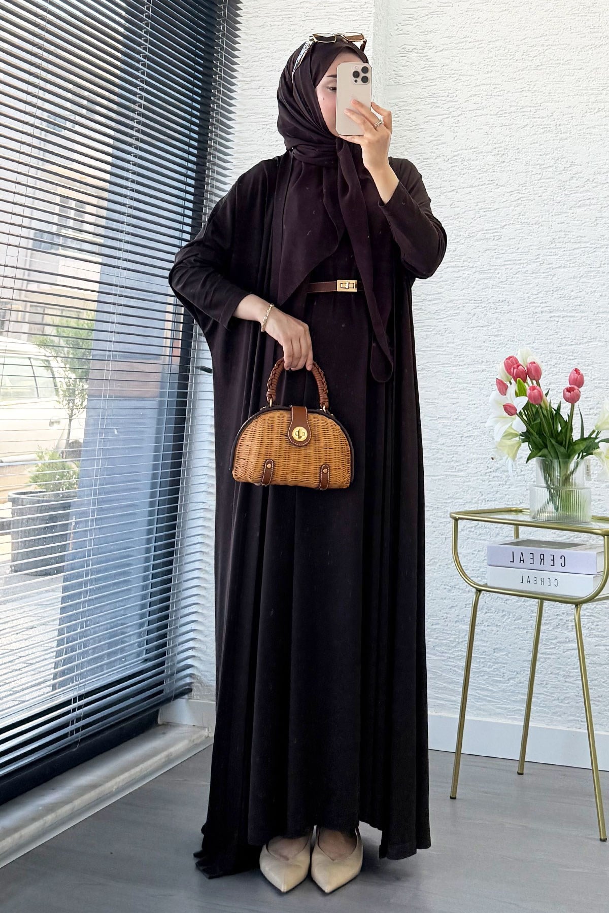 Premium Double Face Yarasa Kol İkili Abaya Takım - Kahverengi