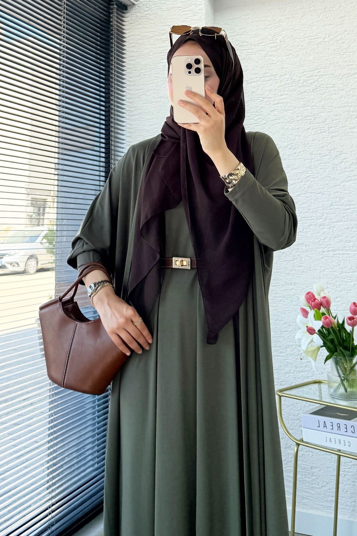 Premium Double Face Yarasa Kol İkili Abaya Takım - Haki