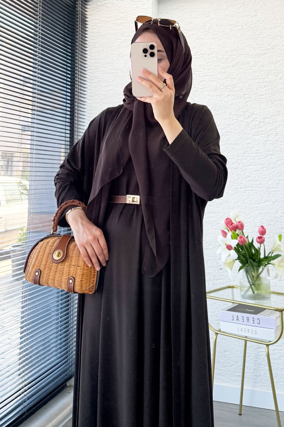 Premium Double Face Yarasa Kol İkili Abaya Takım - Kahverengi