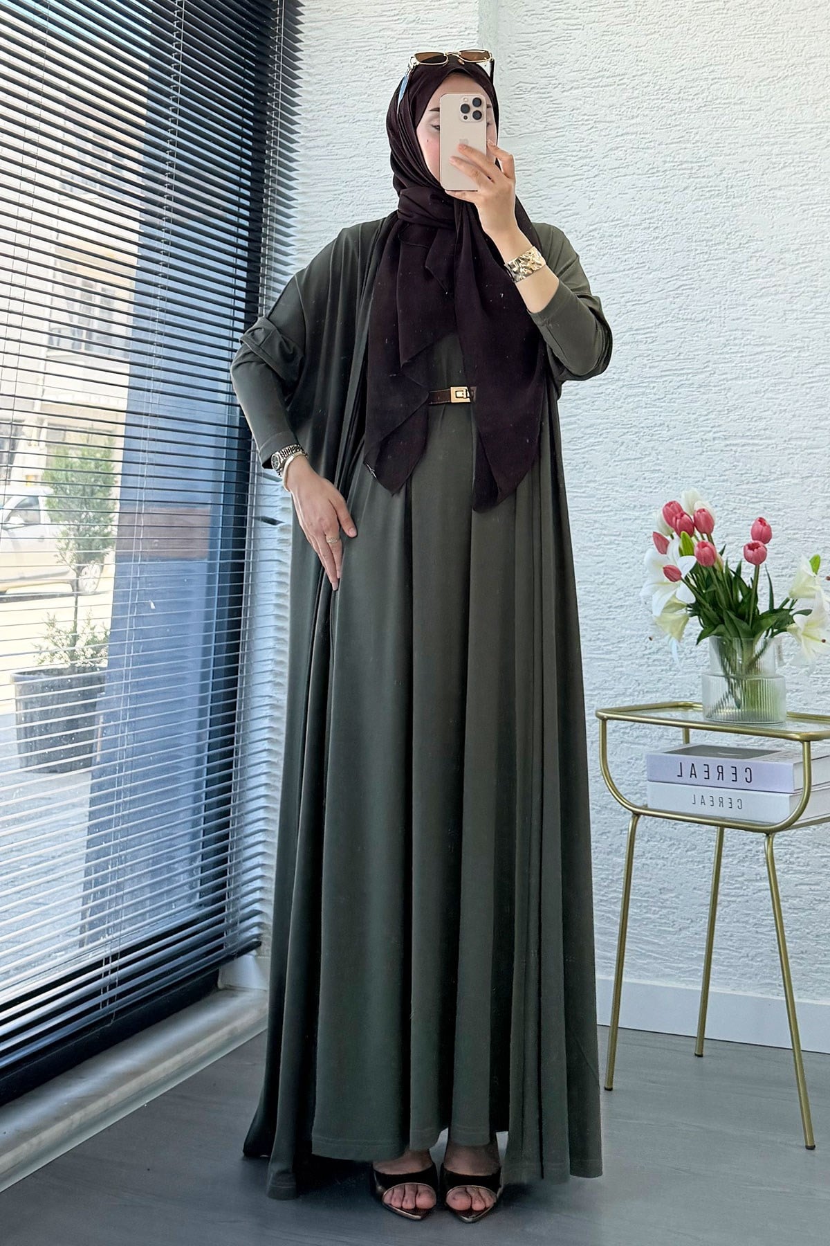 Premium Double Face Yarasa Kol İkili Abaya Takım - Haki
