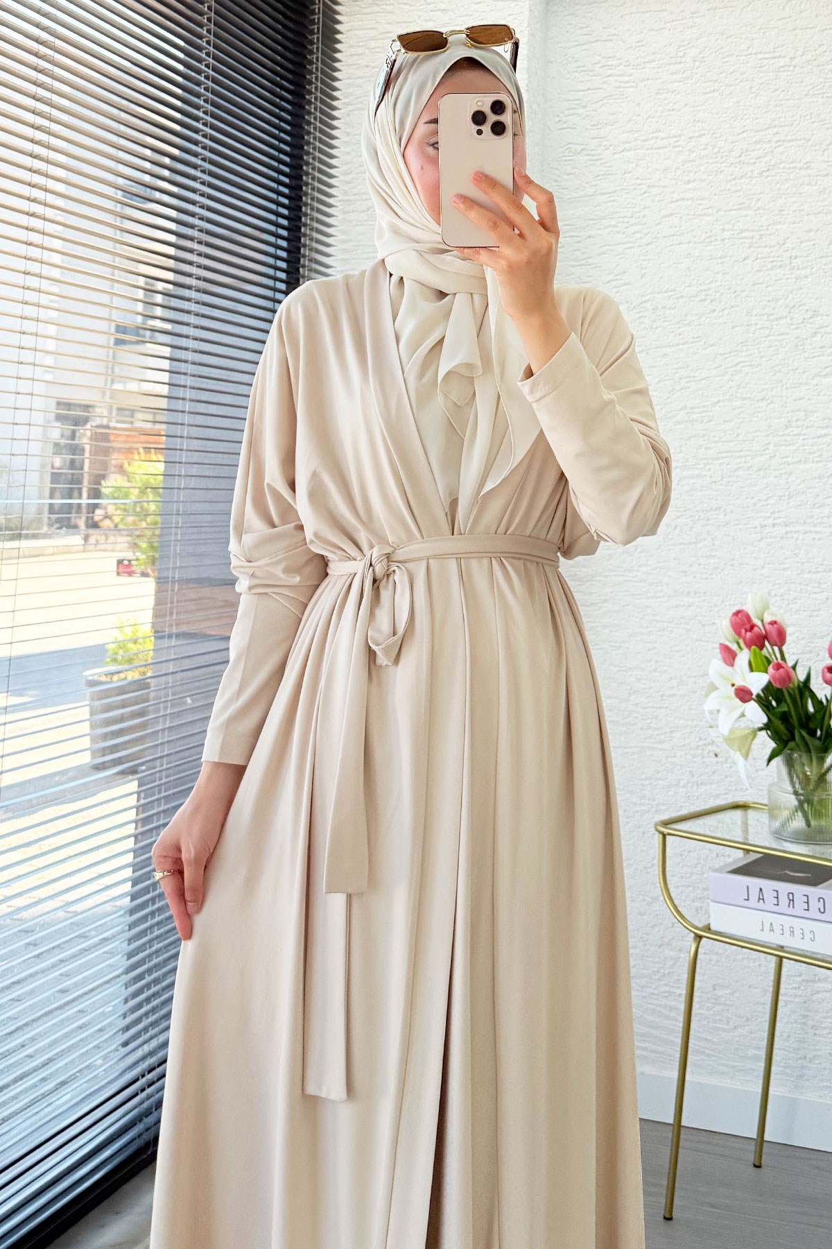 Premium Double Face Yarasa Kol İkili Abaya Takım - Krem