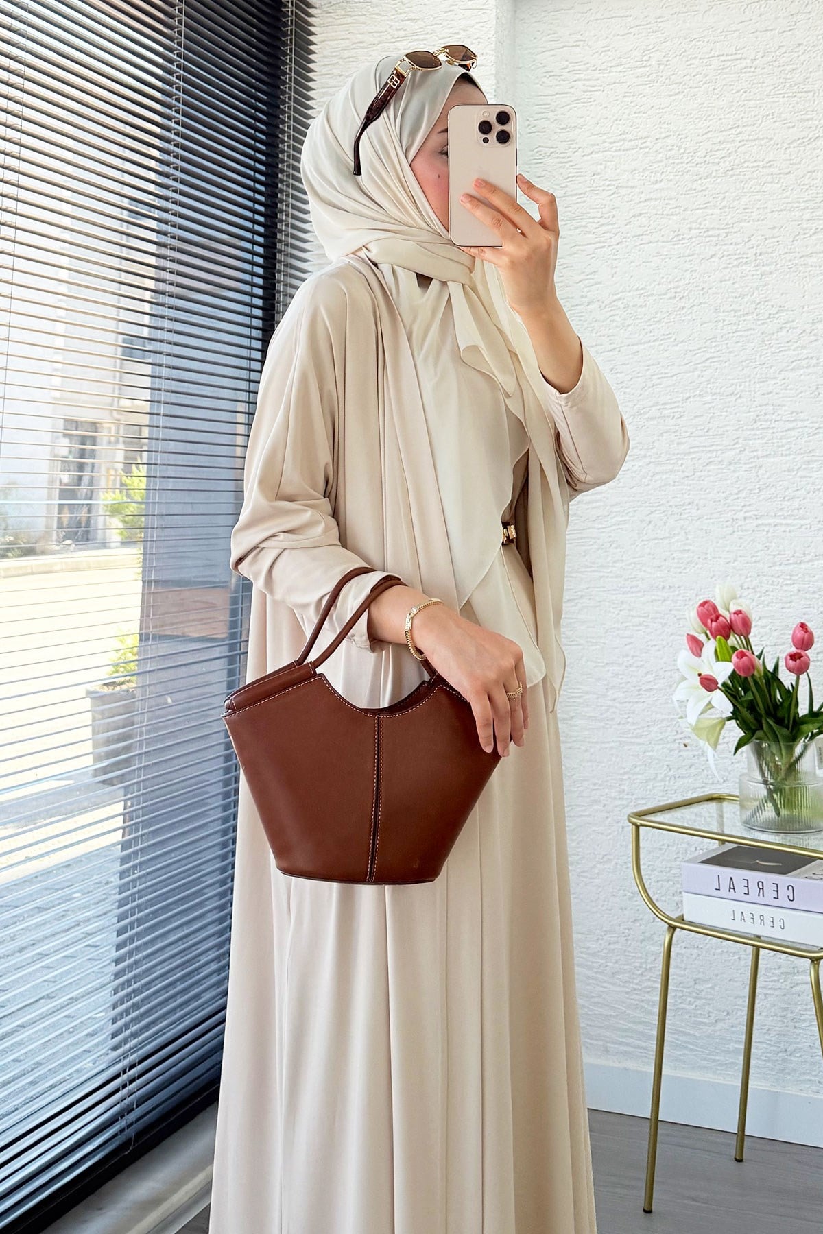 Premium Double Face Yarasa Kol İkili Abaya Takım - Krem