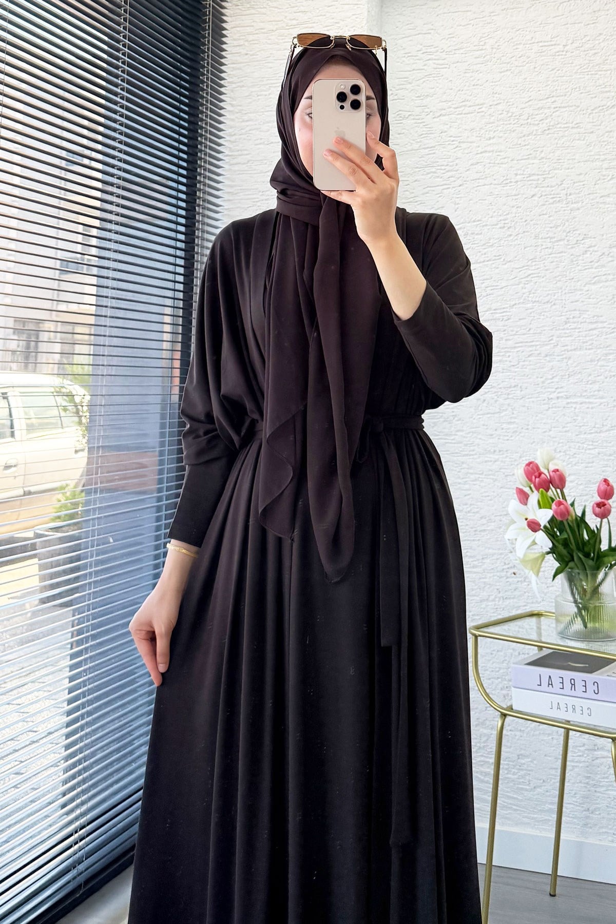 Premium Double Face Yarasa Kol İkili Abaya Takım - Kahverengi