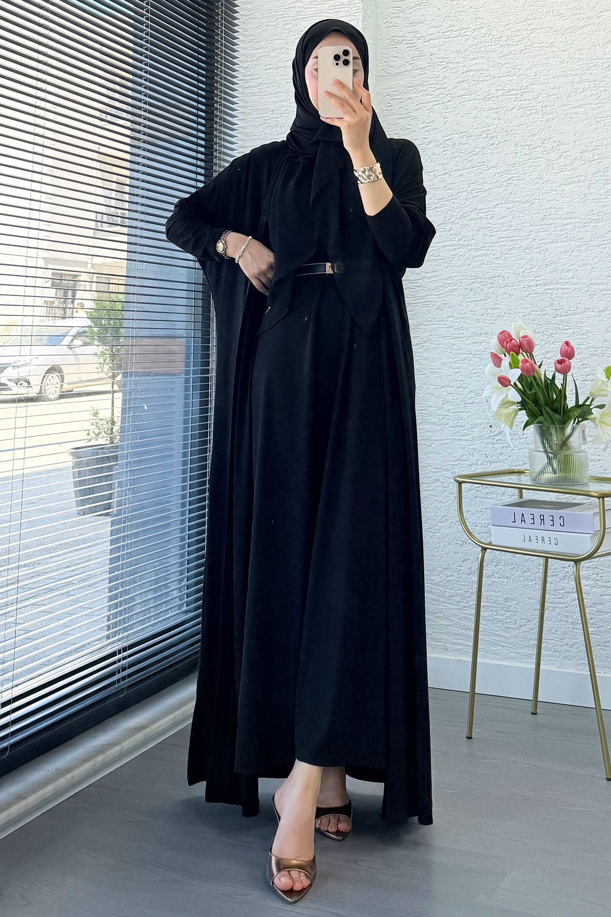 Premium Double Face Yarasa Kol İkili Abaya Takım - Siyah