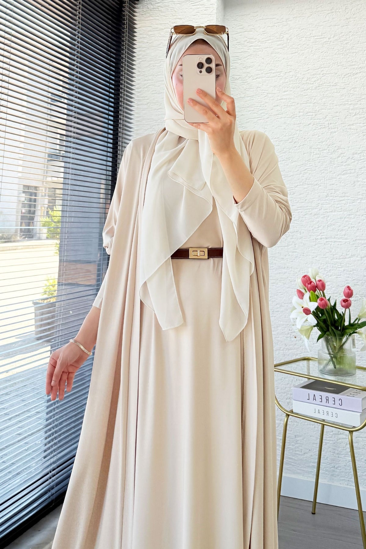 Premium Double Face Yarasa Kol İkili Abaya Takım - Krem