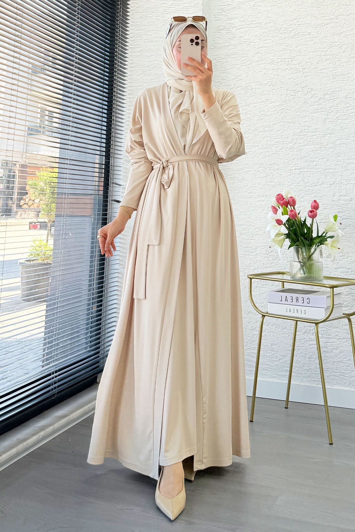 Premium Double Face Yarasa Kol İkili Abaya Takım - Krem