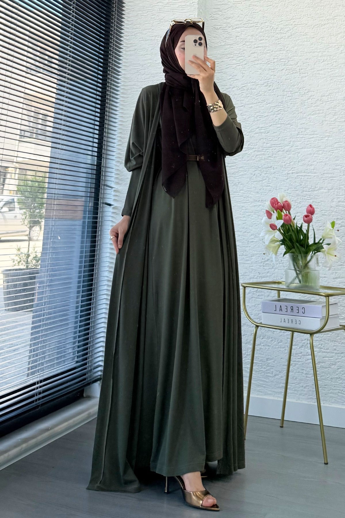 Premium Double Face Yarasa Kol İkili Abaya Takım - Haki