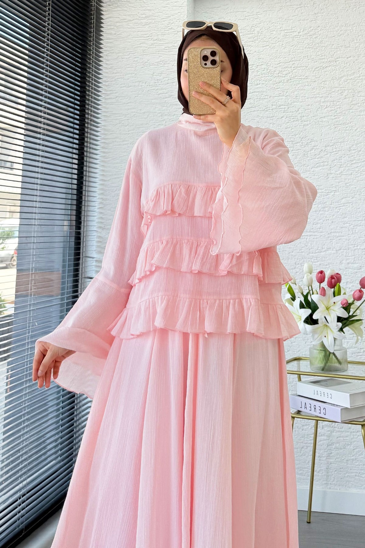 Premium Fırfır Detaylı Siena Müslin Etekli Takım - Pembe
