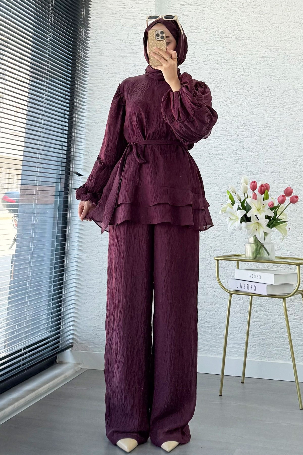 Premium Fırfır Detaylı Tül Modal İkili Takım - Bordo