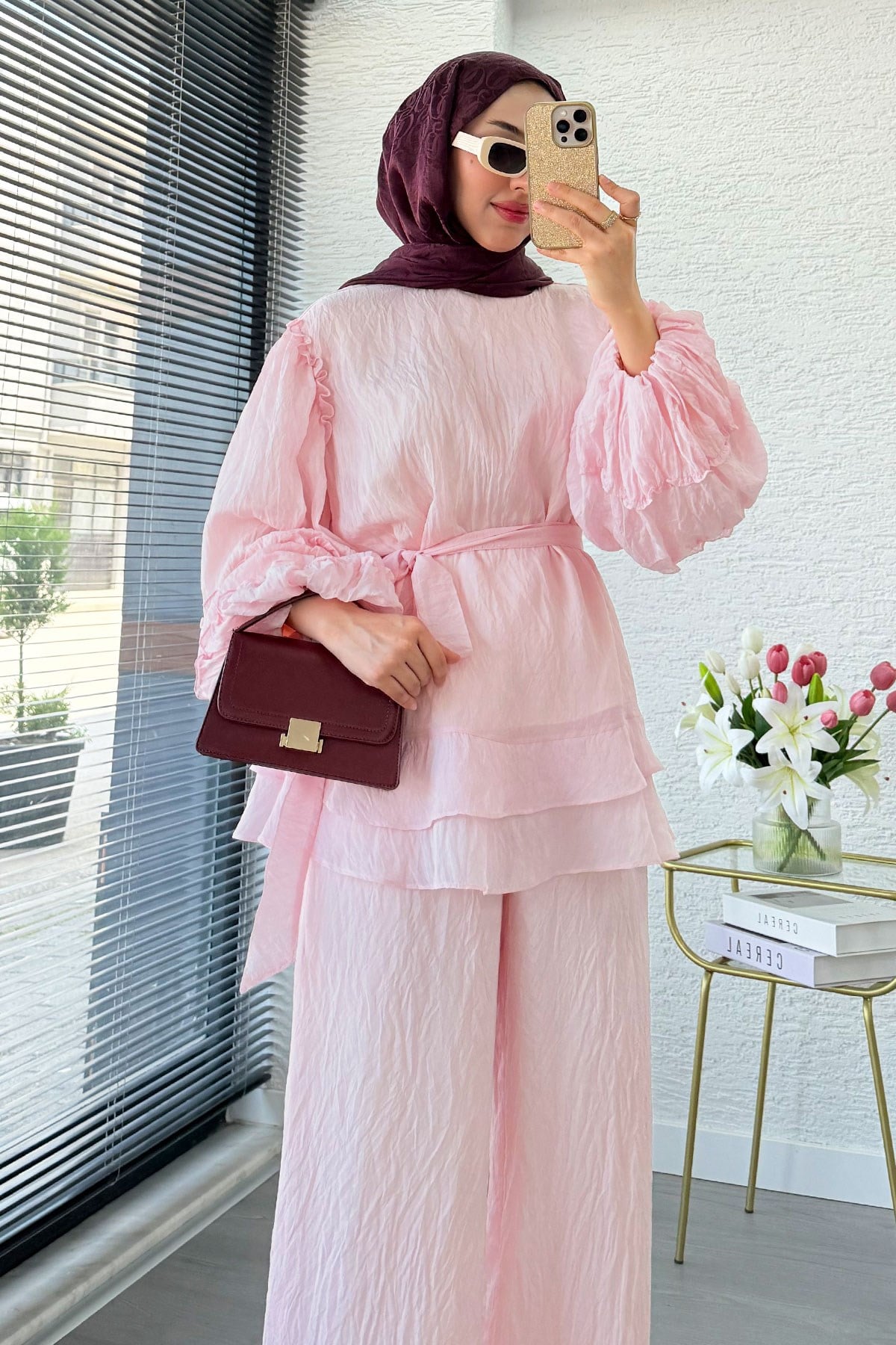 Premium Fırfır Detaylı Tül Modal İkili Takım - Pembe
