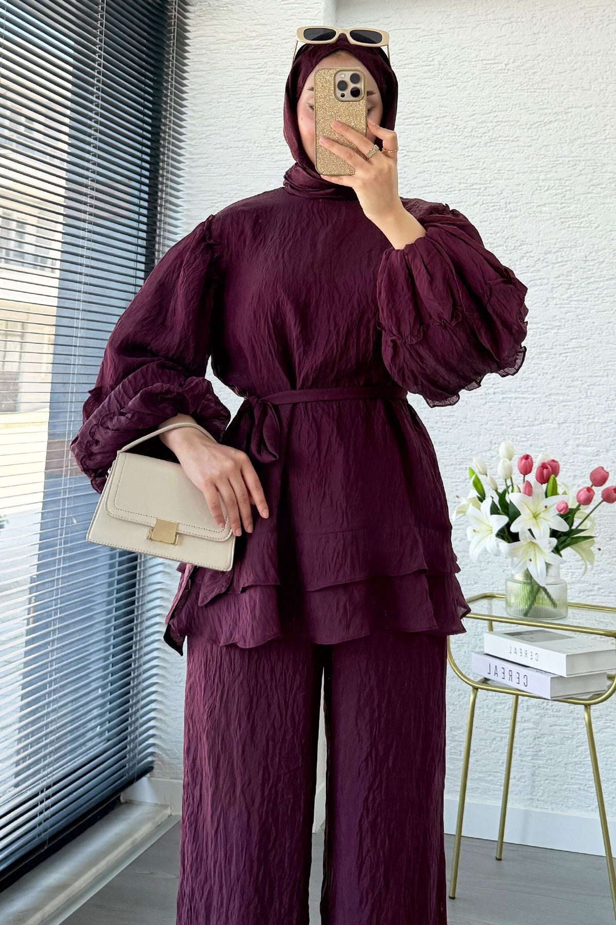 Premium Fırfır Detaylı Tül Modal İkili Takım - Bordo