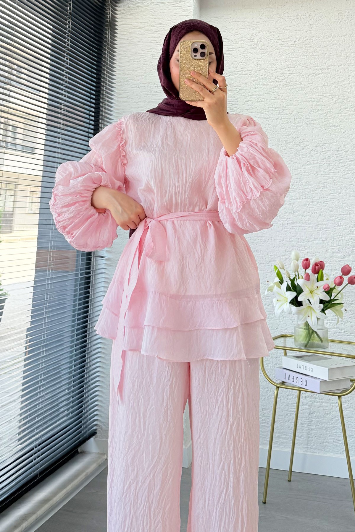Premium Fırfır Detaylı Tül Modal İkili Takım - Pembe