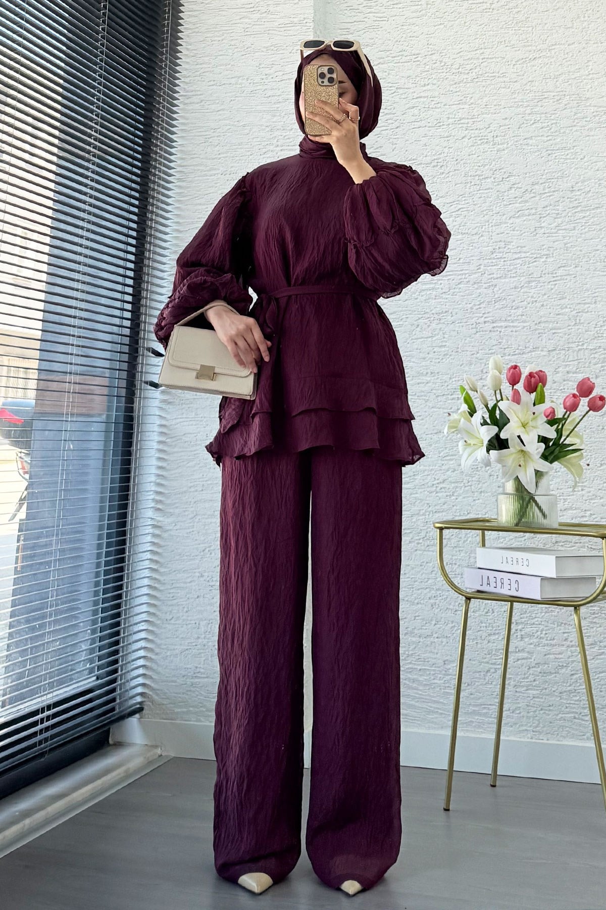Premium Fırfır Detaylı Tül Modal İkili Takım - Bordo