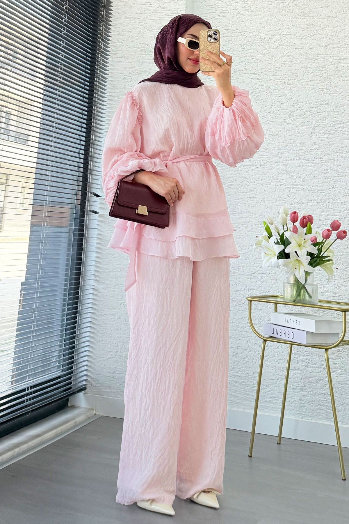 Premium Fırfır Detaylı Tül Modal İkili Takım - Pembe