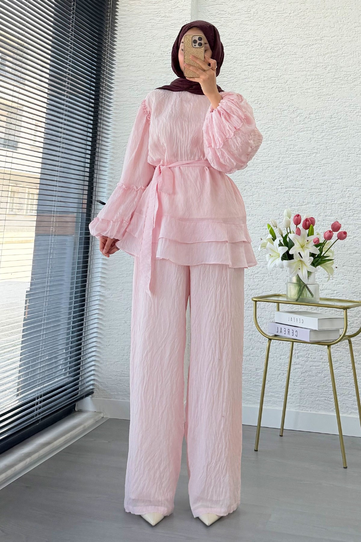 Premium Fırfır Detaylı Tül Modal İkili Takım - Pembe