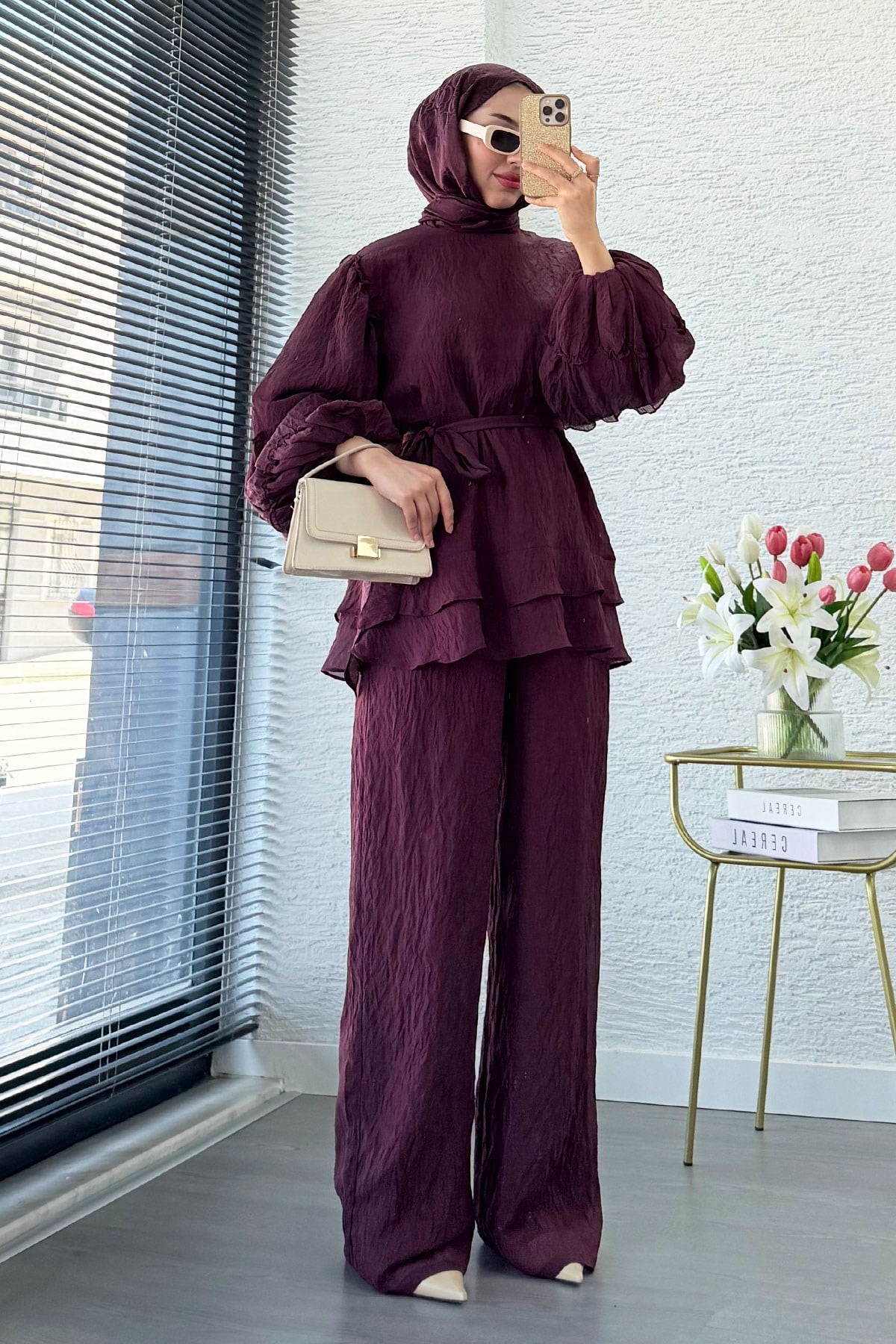 Premium Fırfır Detaylı Tül Modal İkili Takım - Bordo
