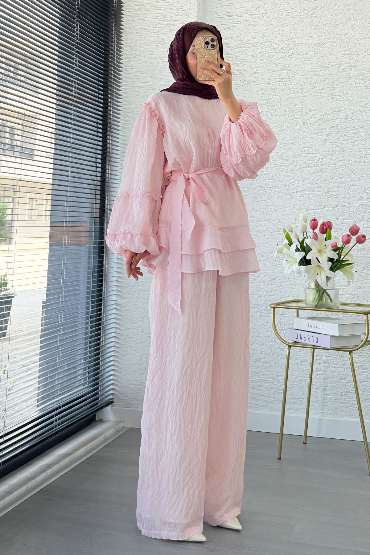 Premium Fırfır Detaylı Tül Modal İkili Takım - Pembe