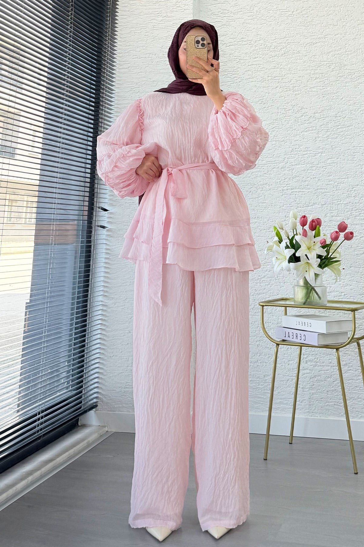 Premium Fırfır Detaylı Tül Modal İkili Takım - Pembe