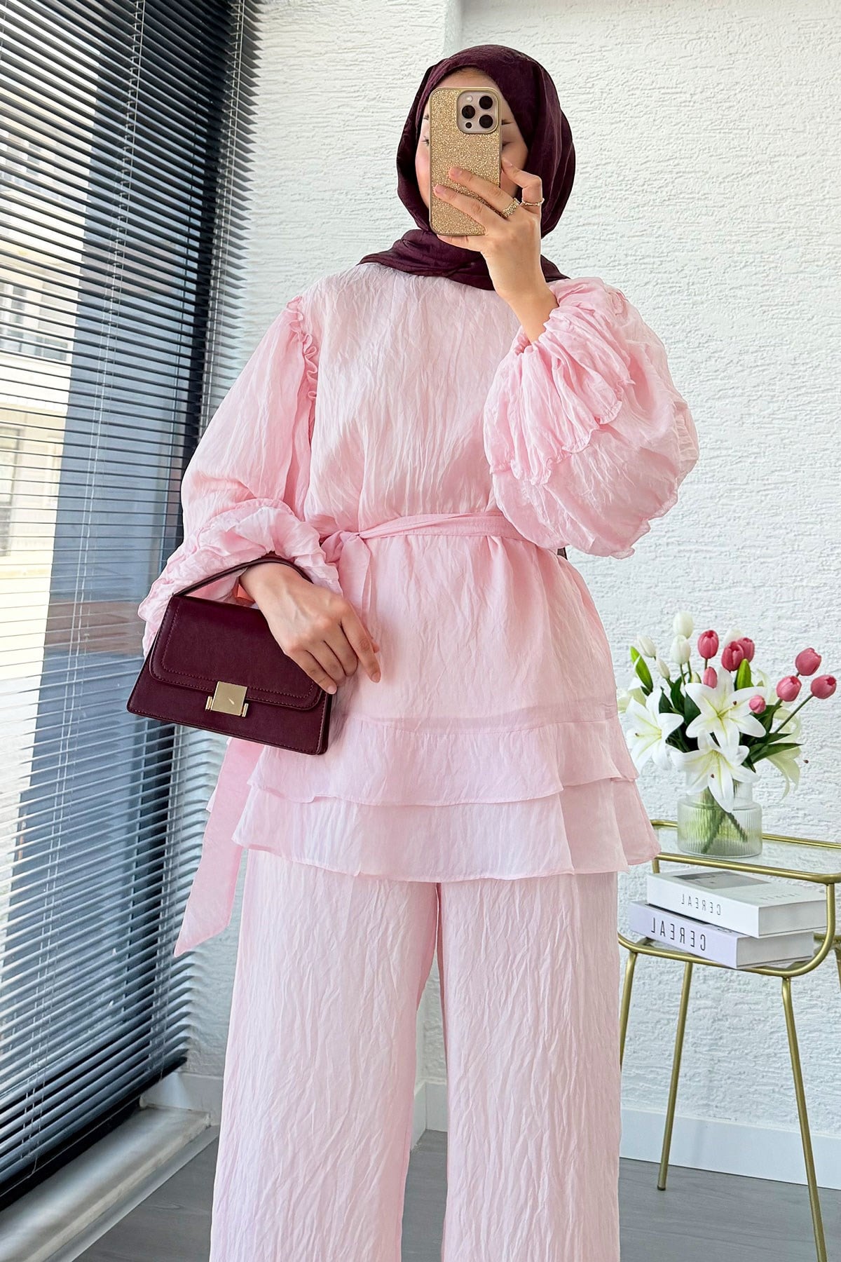 Premium Fırfır Detaylı Tül Modal İkili Takım - Pembe