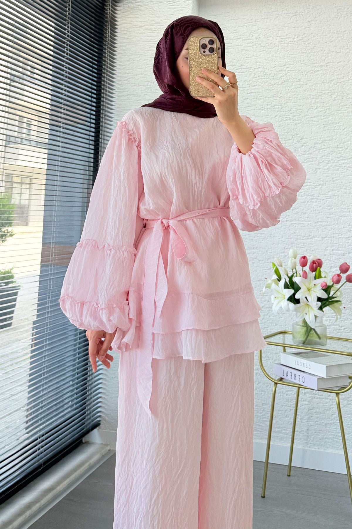 Premium Fırfır Detaylı Tül Modal İkili Takım - Pembe