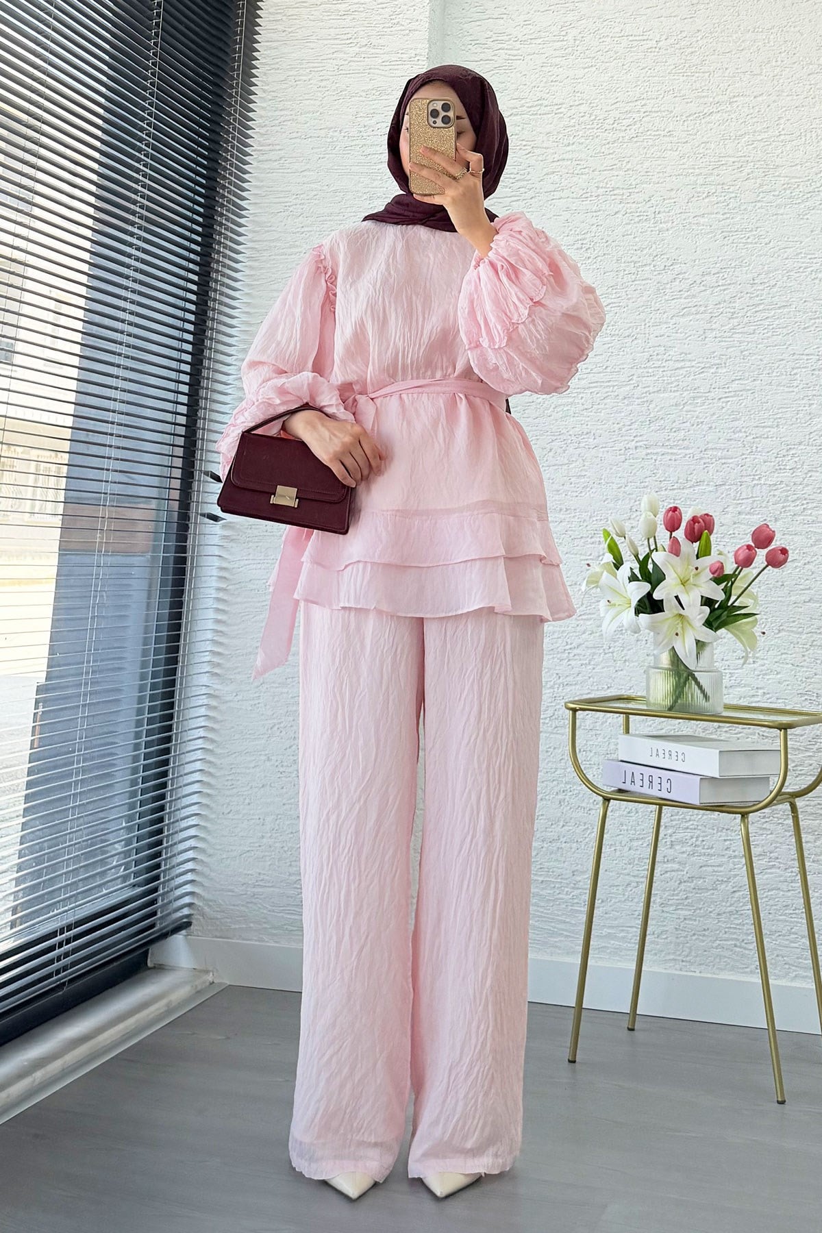 Premium Fırfır Detaylı Tül Modal İkili Takım - Pembe