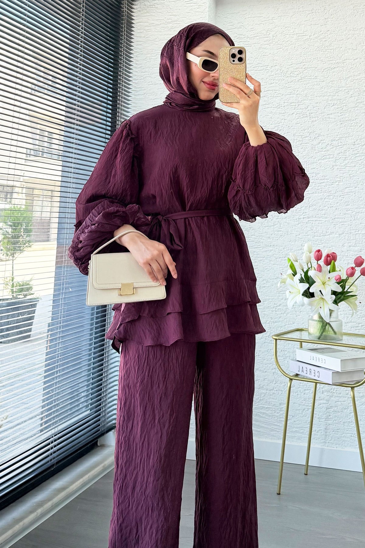 Premium Fırfır Detaylı Tül Modal İkili Takım - Bordo